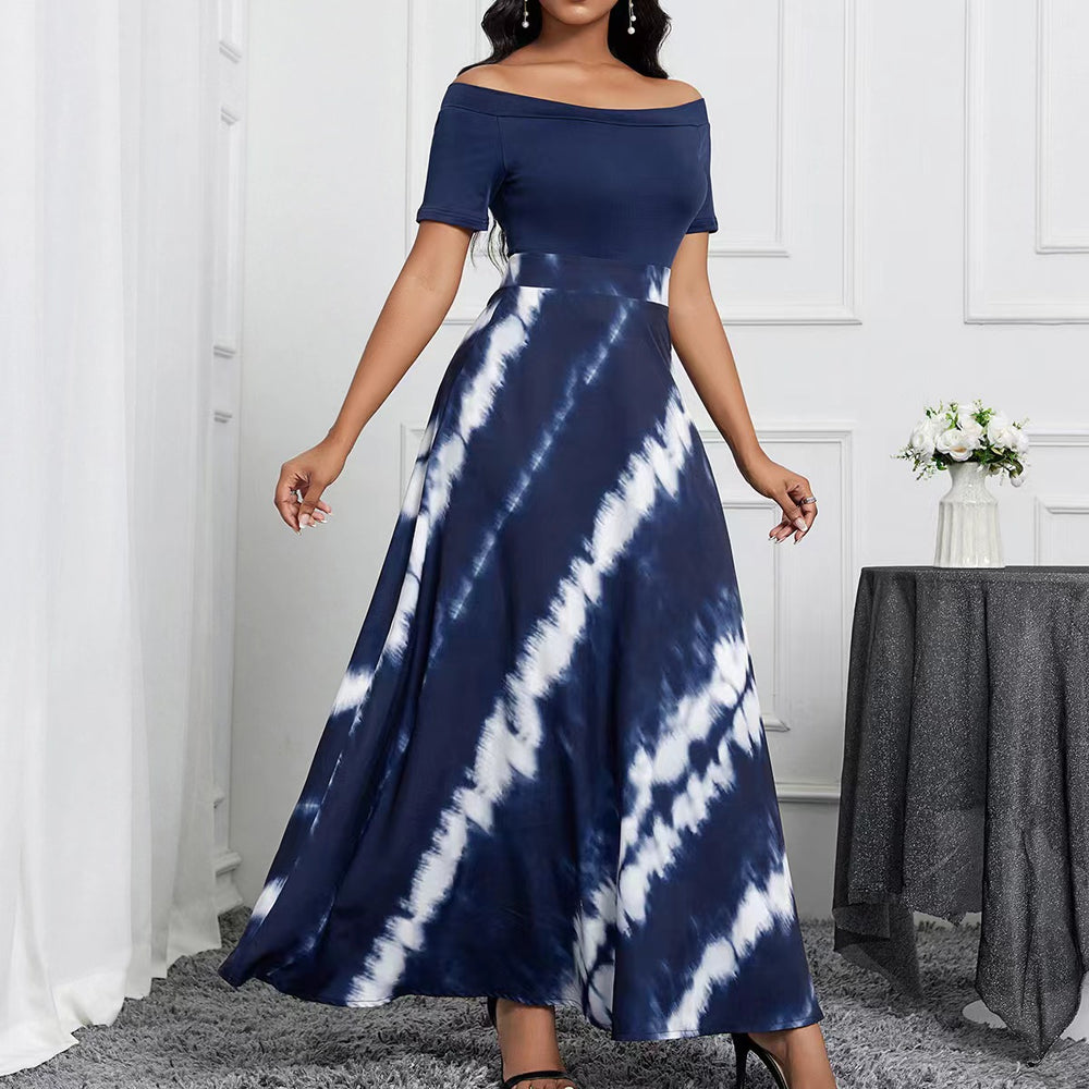 European and american cross-border chic women's clothing:  summer new one-shoulder blue and white twill print fashion dress
