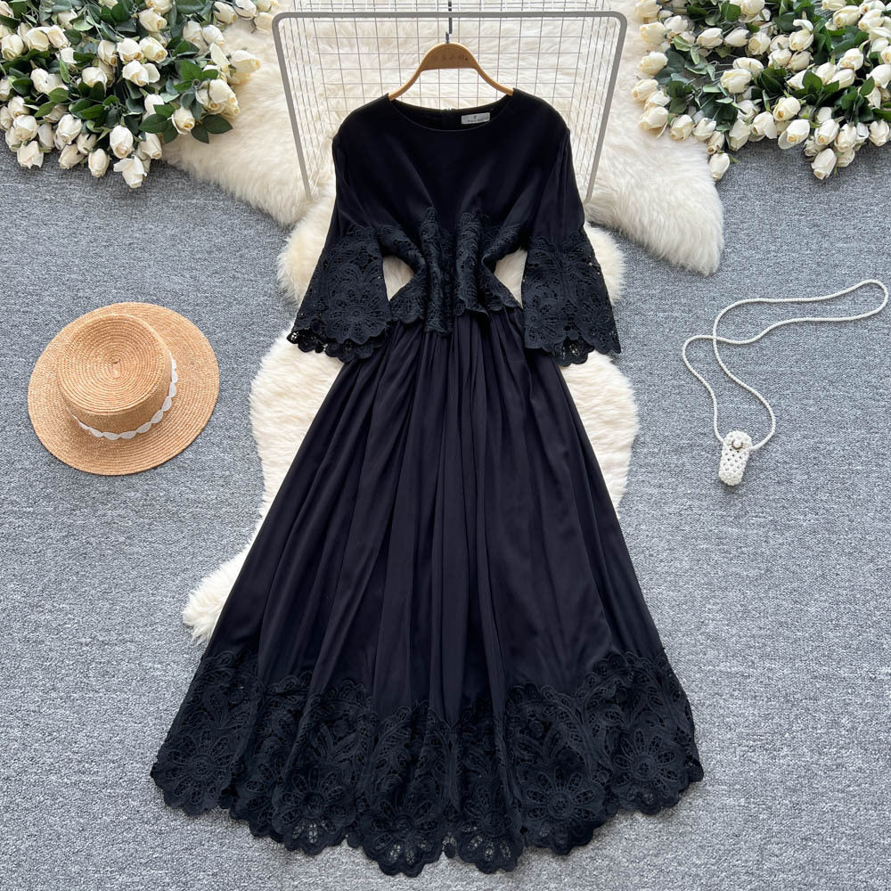 French court style three-quarter sleeve dress - women's summer mesh hollow-out crochet design, elegant flowy maxi dress