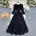 French court style three-quarter sleeve dress - women's summer mesh hollow-out crochet design, elegant flowy maxi dress