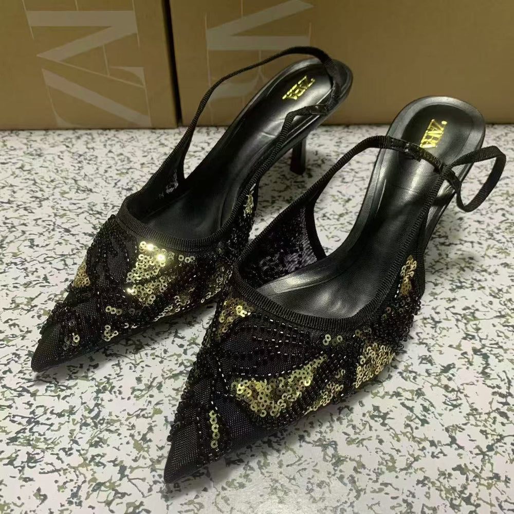 Za's 2025 new women's low-heel elegant court shoes, black and gold sequined closed-toe pumps with back strap