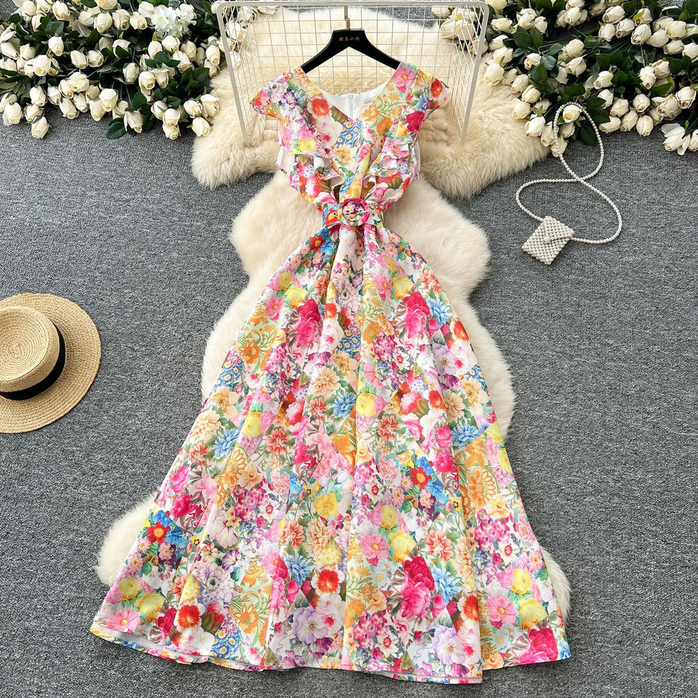 Frenchromantic atmosphere printing sleeveless dress female ruffles belt slimming look design elegant fairy long skirt