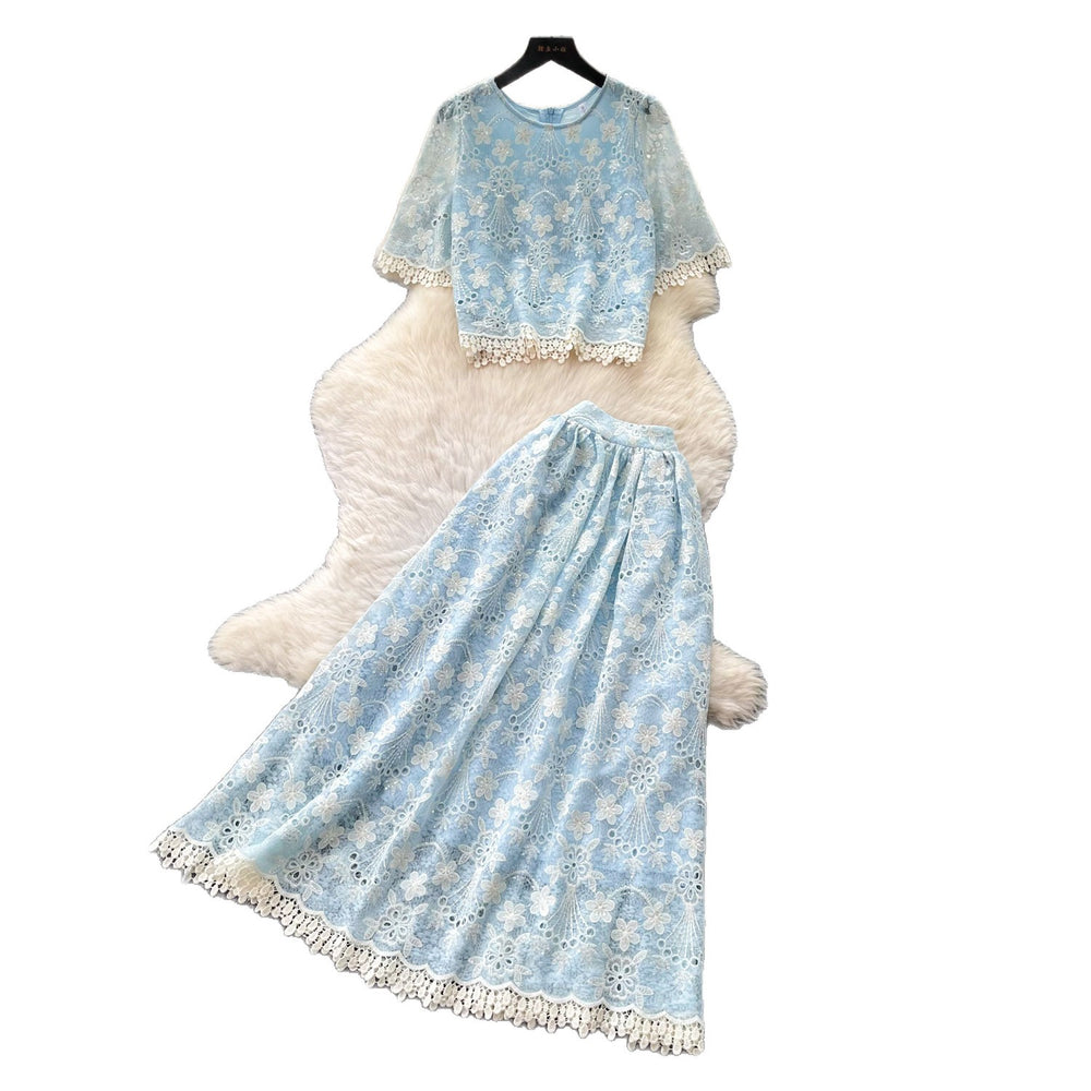 French gentle style heavy industry lacecut outtops high waist skirt women's summer gentle style two-piece set work clothing slimming look