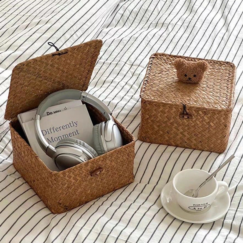 Rattan storage basket desktop storage box cosmetics miscellaneous woven storage basket storage box with lid snack box