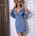 35882#  cross-border fashion new retro waist slimming look long sleeves denim non-elastic dress for women