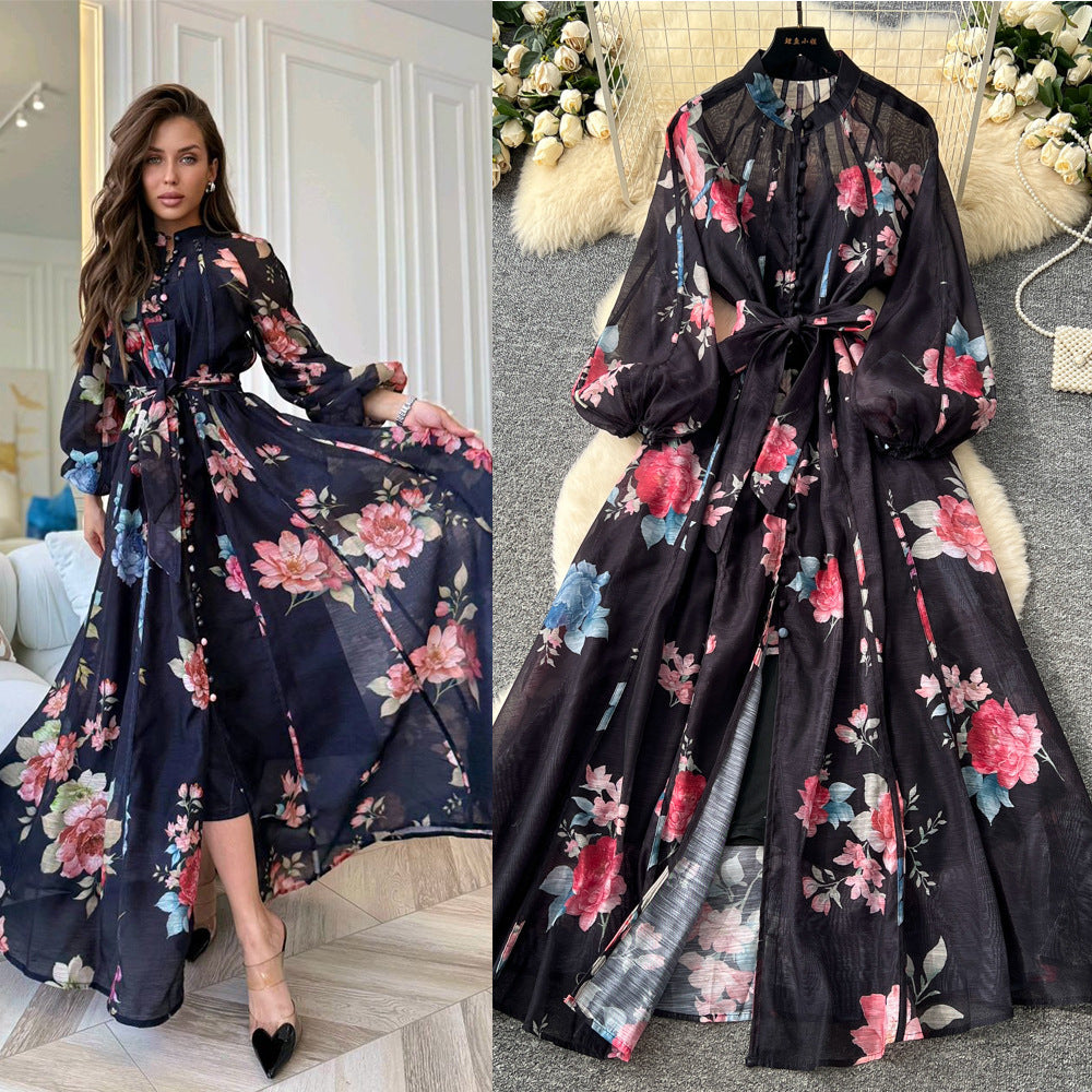 French court style dress - women's autumn  - high-end fashion, tie-waist, lantern sleeves, single-breasted long dress