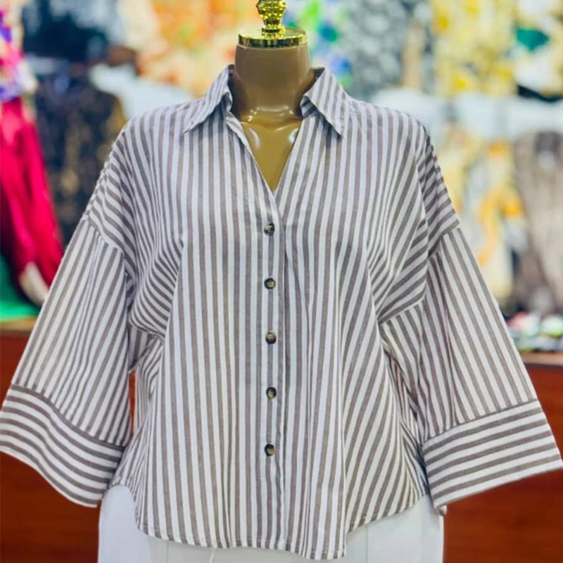European and american cross-border women's fashion:  spring new arrivals - stylish, designer-inspired, unique turn-down collar, loose-fit striped blouse