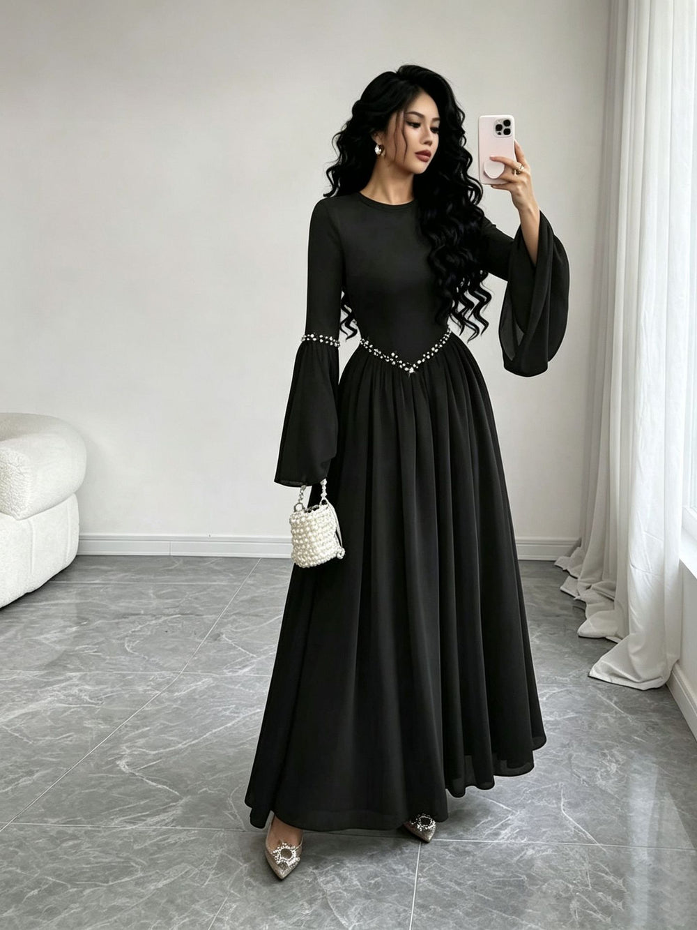 cross-border fashion women's french elegant solid color round neck slimming flared sleeve long sleeve dress