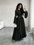 cross-border fashion women's french elegant solid color round neck slimming flared sleeve long sleeve dress