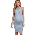 Women's light blue sleeveless twist knot maternity dress, slim fit bodycon midi dress, comfortable and stylish pregnancy apparel