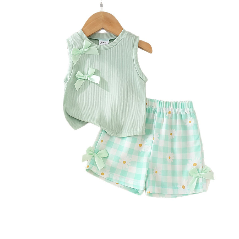 Baby clothing kids set children outfit green vest + shorts two-piece set
