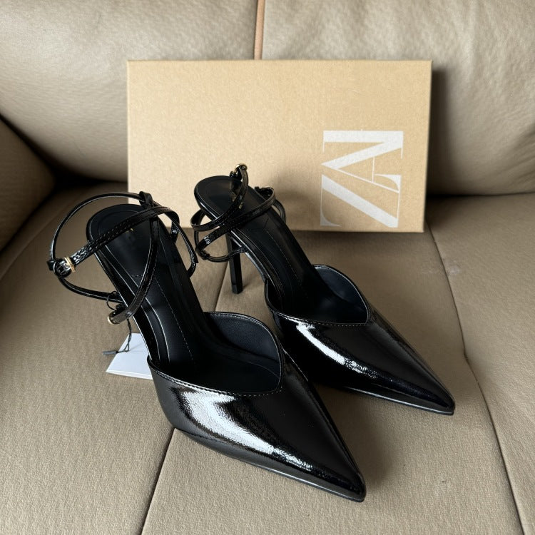 Spanish summer new arrivals: patent leather-effect strappy pointed-toe high heel sandals - open back, cut-out mules