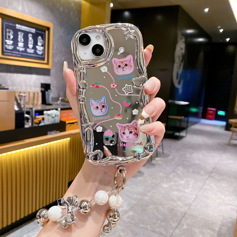 Three-dimensional wave electroplating suitable for apple 16pro cute cat mobile phone case iphonexr mirror flash diamond soft case