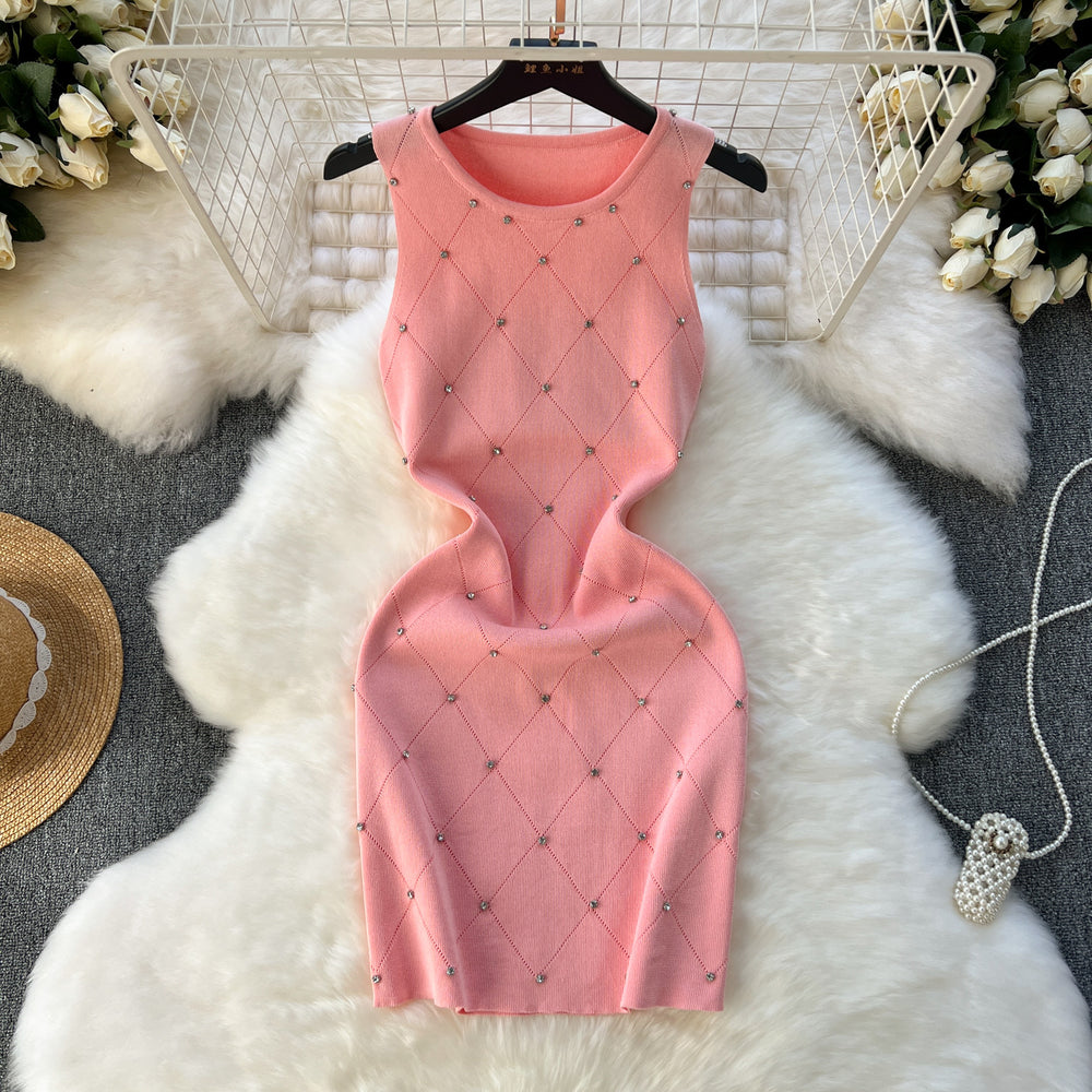 Accessible luxury diamond quiltedknittingdress women's elegant round neck silm short stretch wrap skirt sleeveless vest skirt