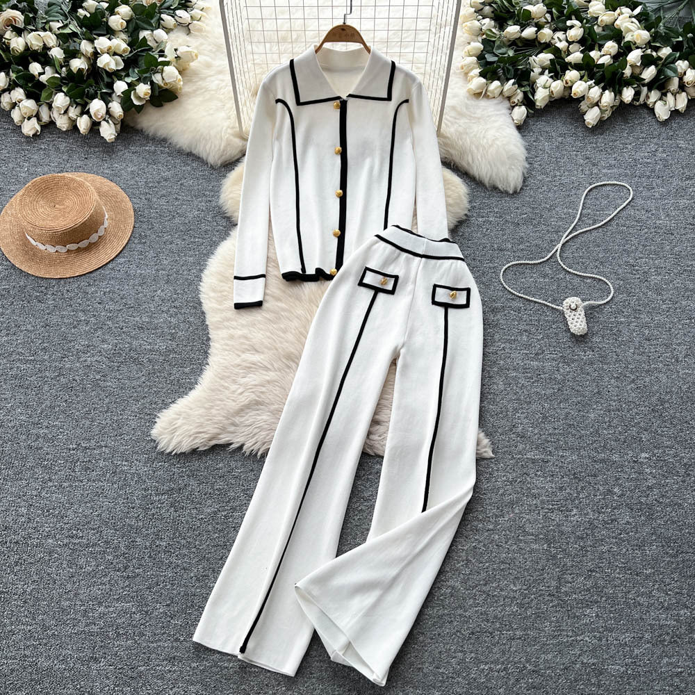 High-end fashionablecontrast color metal buckle polo collar long sleevesknittingtops women's high waist wide leg straight-leg pants two-piece set