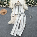 High-end fashionablecontrast color metal buckle polo collar long sleevesknittingtops women's high waist wide leg straight-leg pants two-piece set