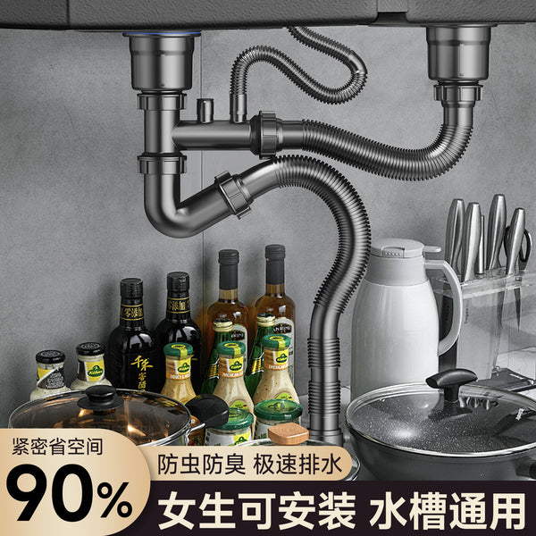 Direct mining straight hair, vegetable basin, bowl, sewer pipe accessories, drain pipe, deodorant stainless steel double tank sewer set