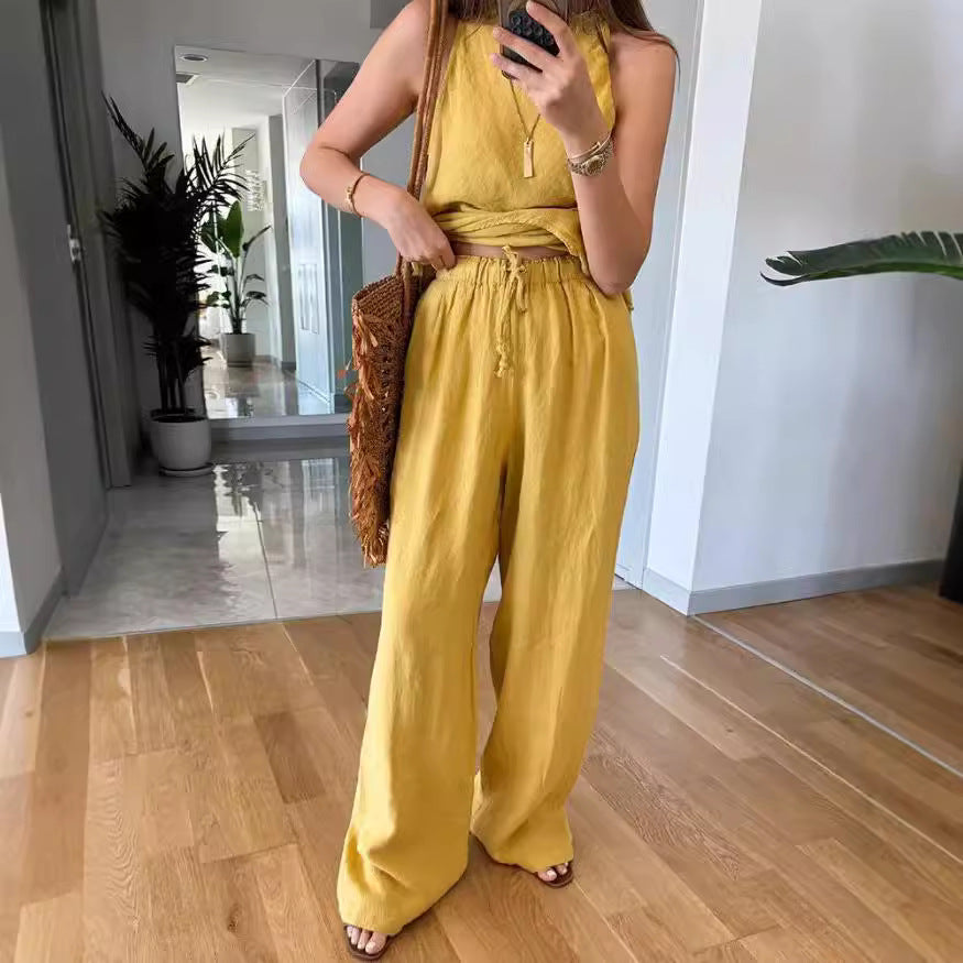 european and american cross-border  summer new arrival: solid color irregular sleeveless top and wide-leg pants two-piece set