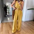 european and american cross-border  summer new arrival: solid color irregular sleeveless top and wide-leg pants two-piece set