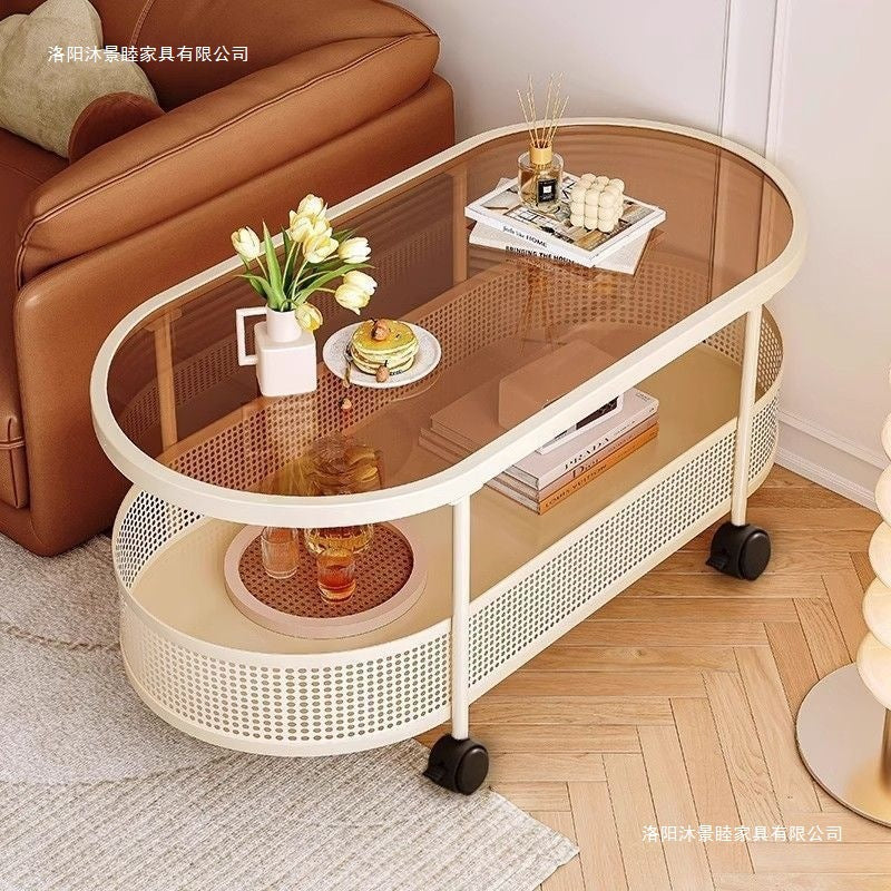 Small apartment mobile oval cream coffee table, sofa side table, small table, living room storage and snack cart