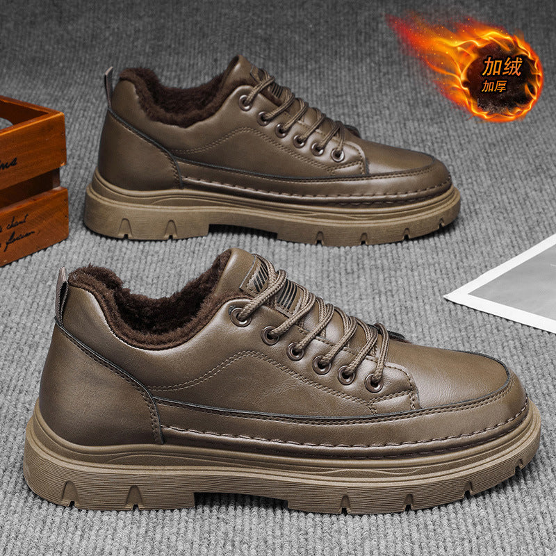 Men's winter new arrivals: versatile casual leather shoes with fleece lining for warmth. trendy british style business anti-slip work shoes