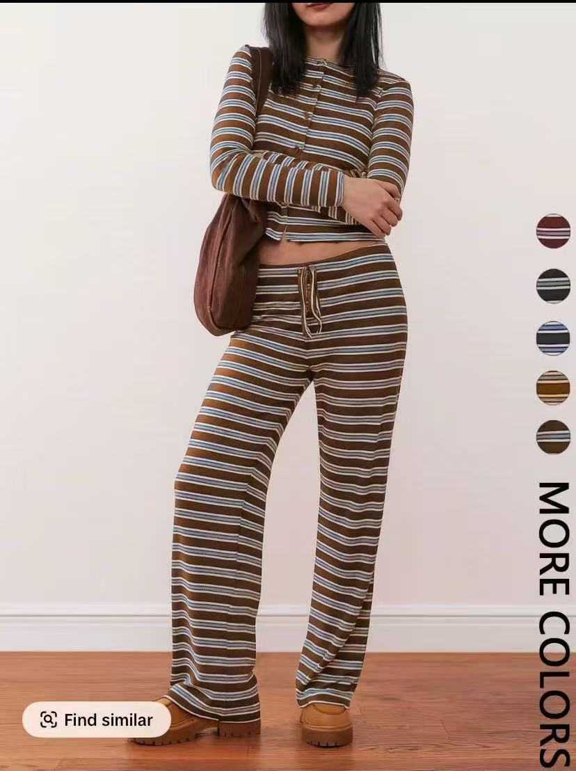 fashionplaidcasualstripes single-breasted long sleevescardiganpantssuit for women
