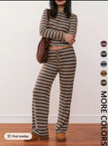 fashionplaidcasualstripes single-breasted long sleevescardiganpantssuit for women