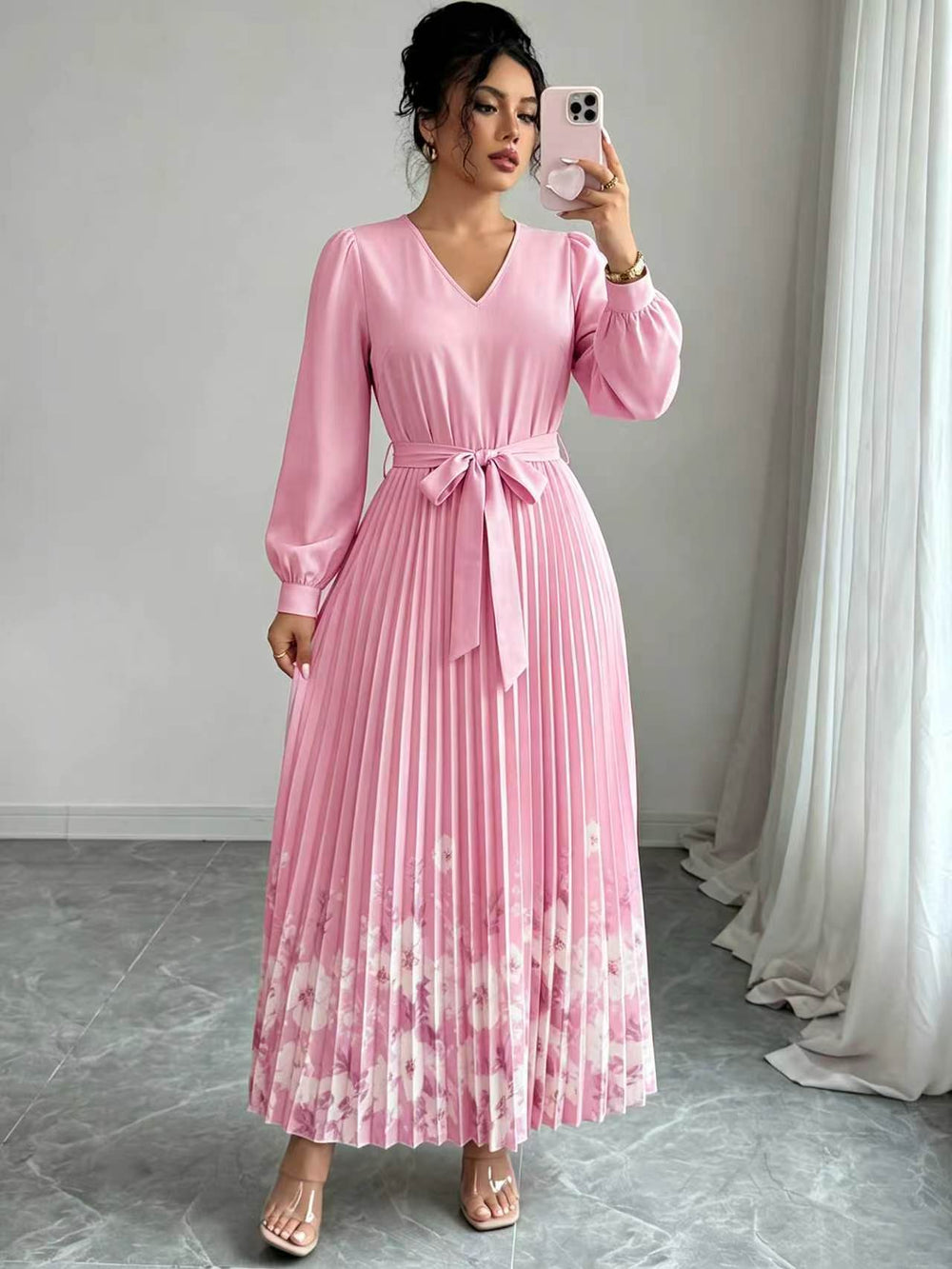 European and american cross-border women's summer  elegant halter neck tie waist floral print pleated maxi swing dress