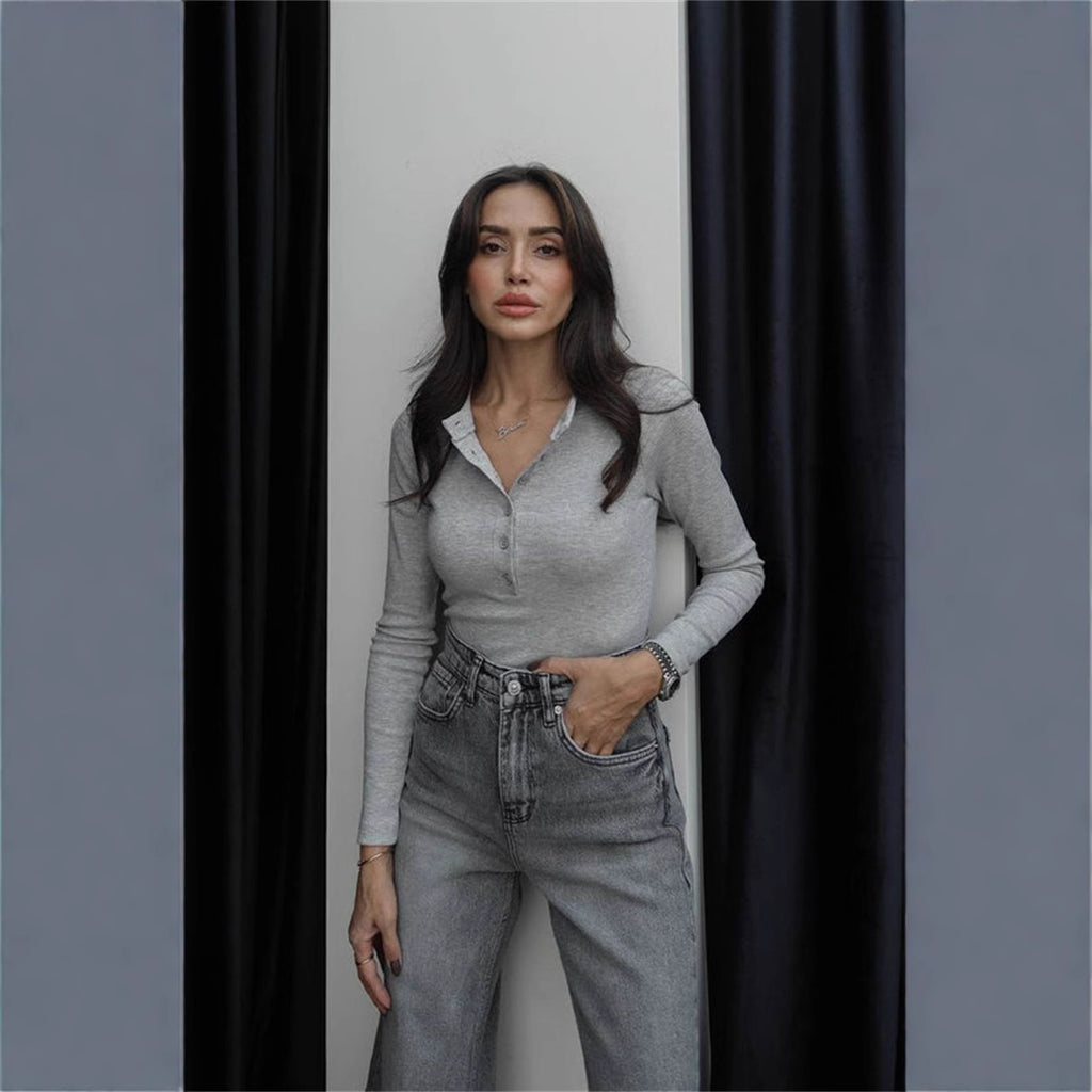 simple half-open neck button long-sleeved T-shirt women's clothing inside slim fit and thin clothes