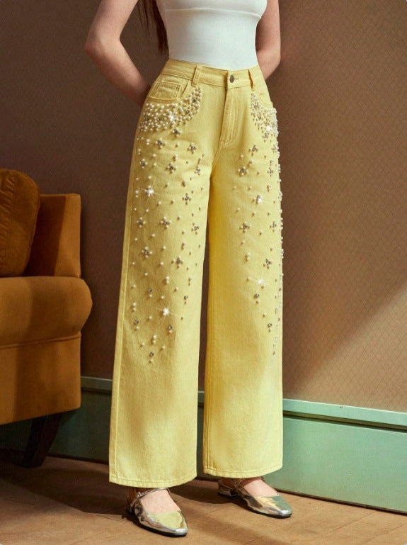 new arrivals: , tiktok, pinduoduo, cross-border e-commerce, european & american style, washed denim, beaded women's trousers