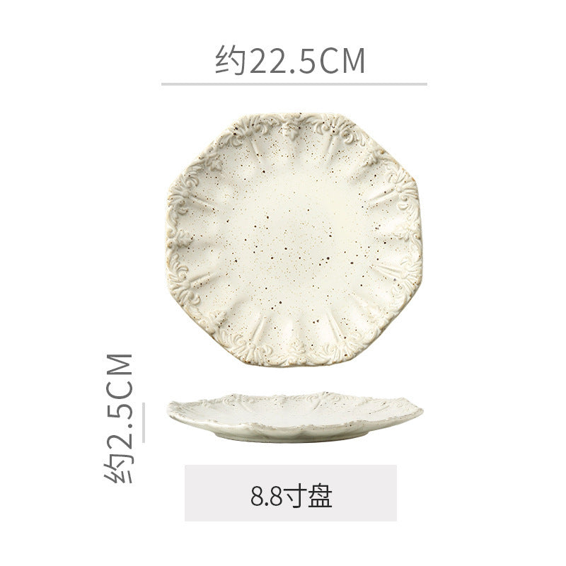 Embossed retro ceramic dinnerware set - french-inspired plates, high-end steak plates, dessert bowls, and rice bowls for home use