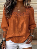 european and american cross-border lace square neck top - puff sleeve, cutout detail, soft cotton linen short sleeve - women's export fashion