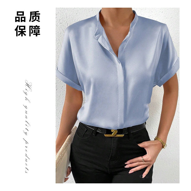 popular European and American  women's clothing solid color satin short-sleeved, shoulder stand-up collar short-sleeved shirt satin shirt
