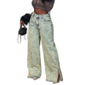 Fashionjeans women's high waist acid washed distressed slit wide leg pants cross-border retroloosemop denim women's pants