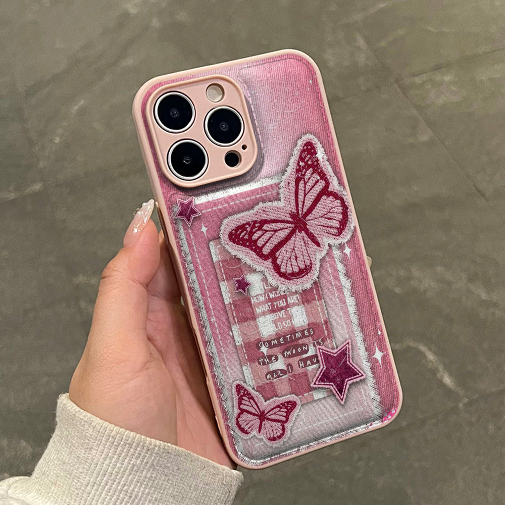 Pink denim embroidered butterfly phone case for iphone 17 & 16 - shockproof leather texture soft case - wholesale for women