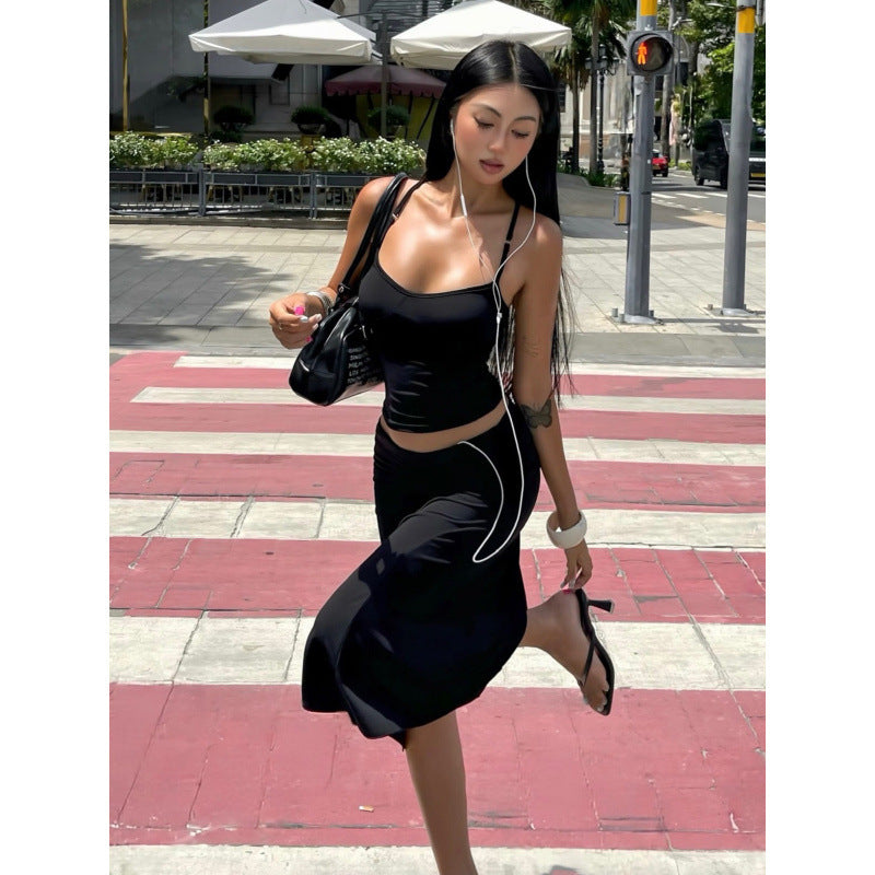 European and american style women's summer  new sexy solid color camisole inner layer top with slim-fit pleated midi skirt set