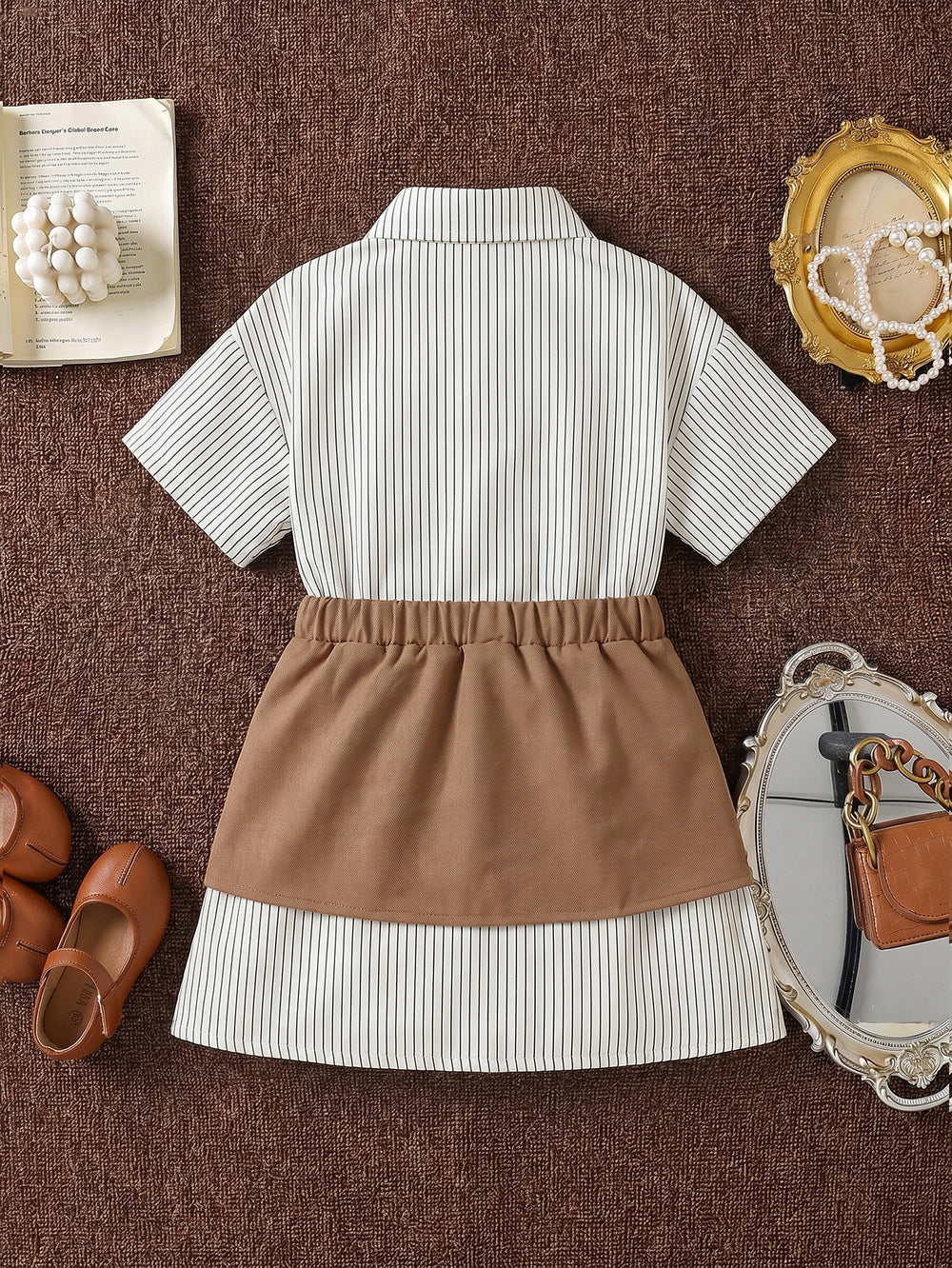 spring/summer new arrival: cross-border girls' striped shirt dress + solid color denim belt set - two-piece outfit for girls