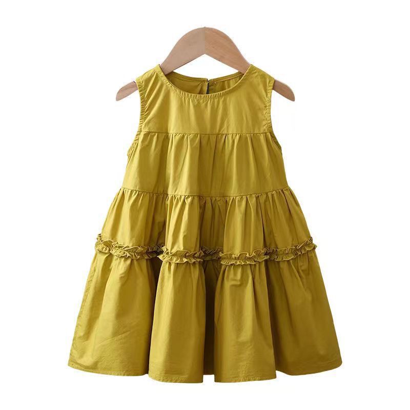 Girls'  summer new sleeveless solid color dress, stylish mid-length cotton princess dress, korean style
