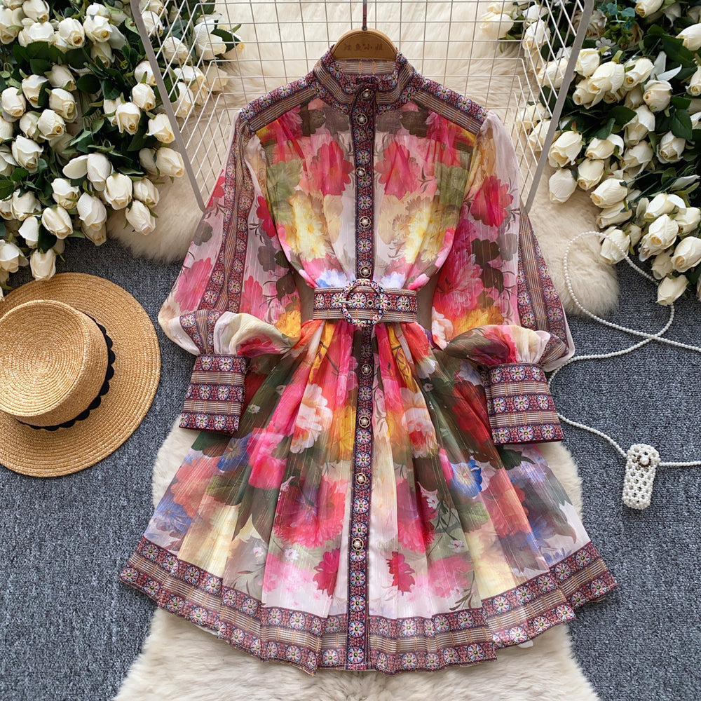 Fashionable and high-end positioning printing lantern sleeves tie back waist stand collar single-breasted fluffy elegancedress