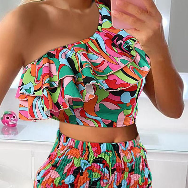 European and American women's clothing   new sexy slanted shoulder printed navel top, medium and long hip skirt set
