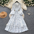 French chic lantern sleeve printed dress - women's summer korean style, slimming tie-waist, ethereal fairy dress