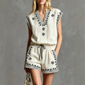 summer cross-border european & american style women's v-neck embroidered cotton linen sleeveless top + drawstring shorts two-piece set