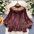 Korean style commute-friendly, skin-friendly, breathable ruffle hem blouse - women's summer long sleeve mesh oversized pink girly top