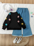 new autumn cross-border girls' cute floral print crewneck sweatshirt and washed denim flare pant set