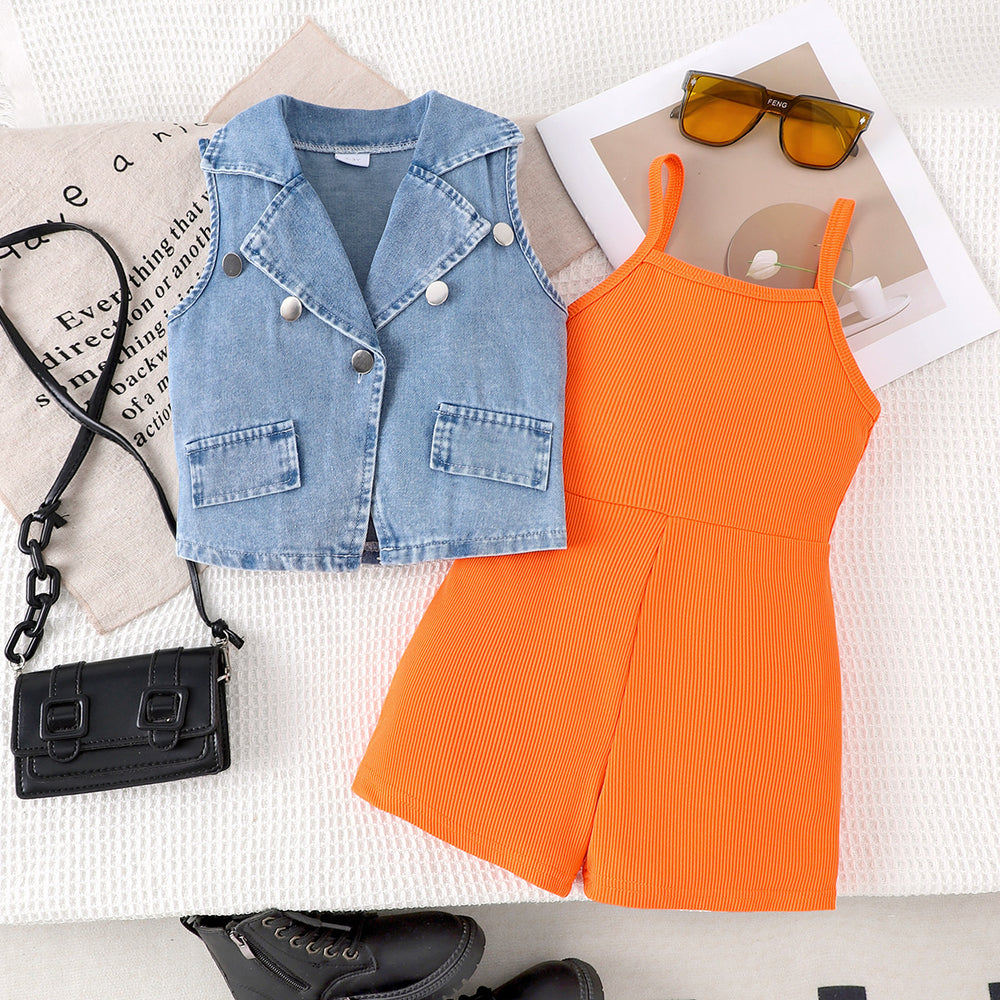 Children's clothing  cross-border european and american girls denim vest + suspender jumpsuit summer