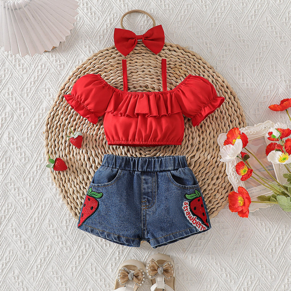hot selling baby girl one shoulder ruffle suspender tops + strawberry embroidered denim short suit with headscarf