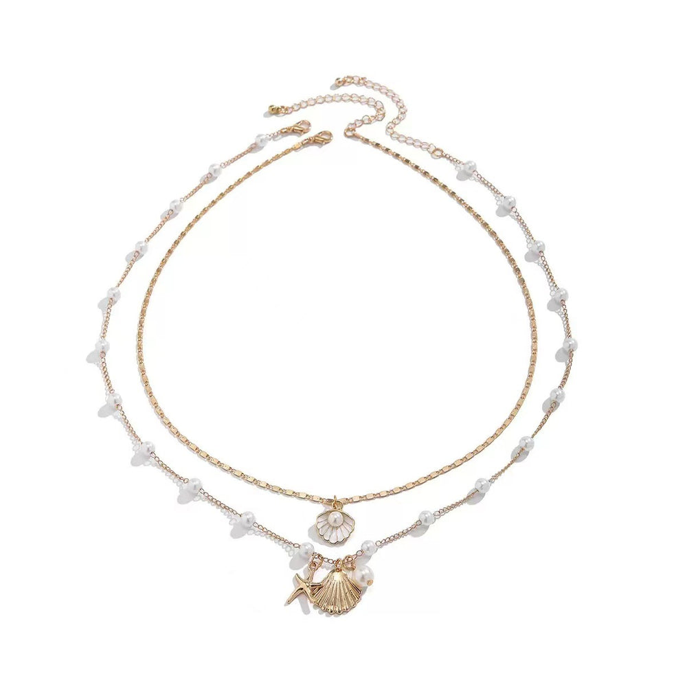European and american cross-border jewelry: ocean-themed metal starfish and seashell necklace set with designer faux pearl chain