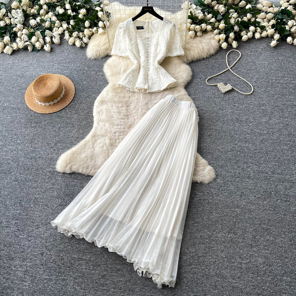 French chic lace top & pleated skirt set - elegant summer two-piece for women, exuding sophistication and style