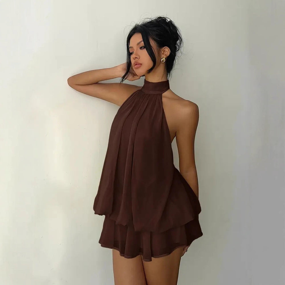 European and american cross-border  new collection: slim-fit, sexy, backless, halter neck, cinched waist top with flared mini skirt dress for women
