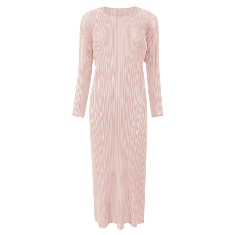 Amazon women's  european and american classic pleated long sleeve solid color midi slim fit slit dress