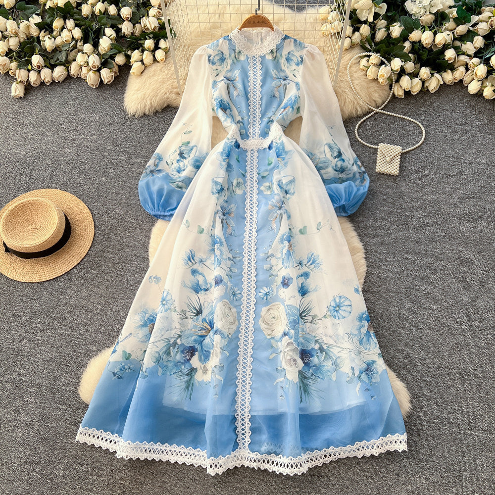 French retro floral print dress - women's early spring long sleeve slim fit a-line maxi dress - romantic vacation style elegant dress